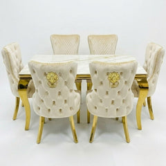 Sofia 1.8m Cream & Gold Marble Table & 6 Victoria Mink Lion Chairs