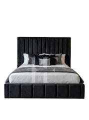 Modern  Velvet Vertical Channel Bed with Square Block Footboard