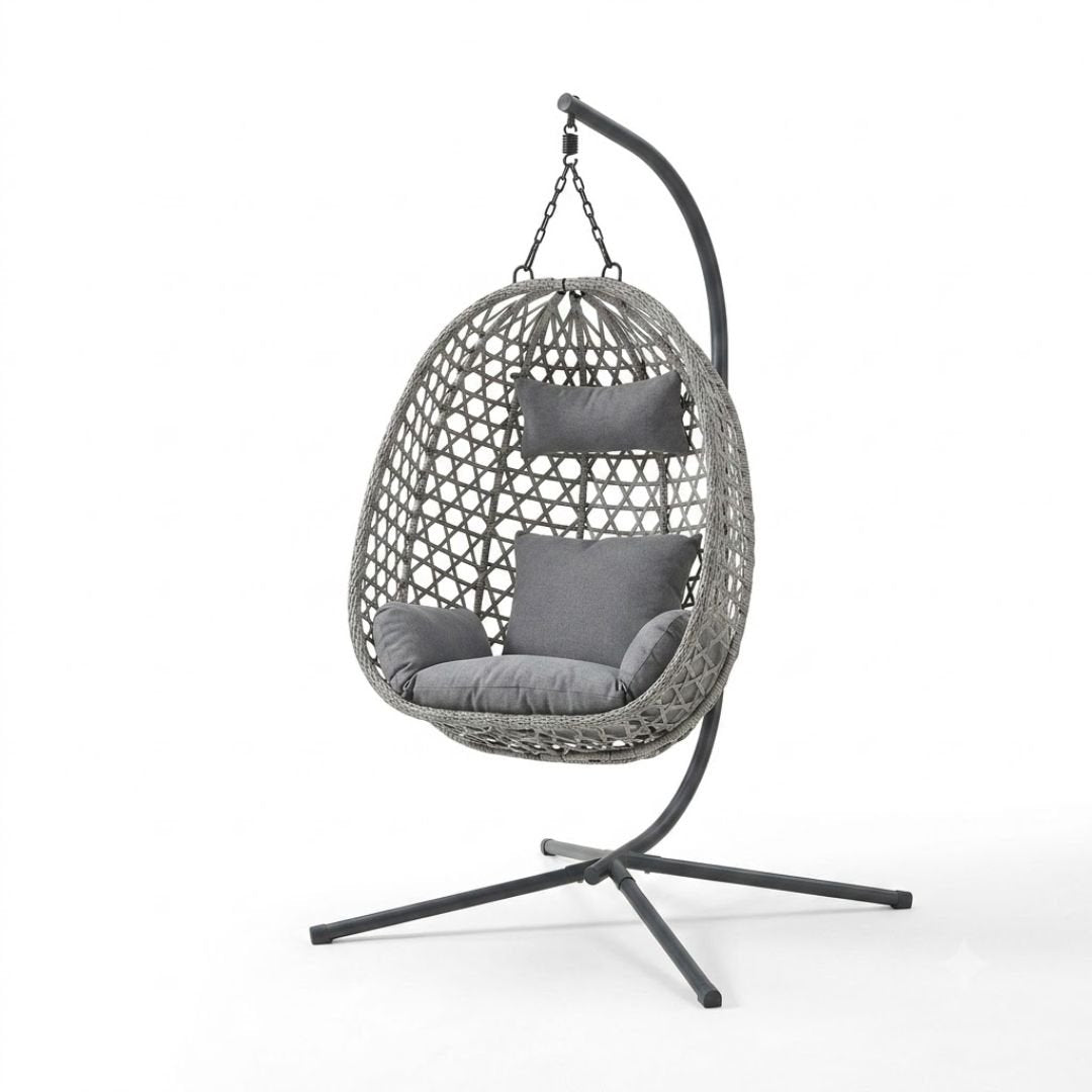 Aura Haus Grey Hanging Nest Egg Chair Garden Swing Stand Cushions