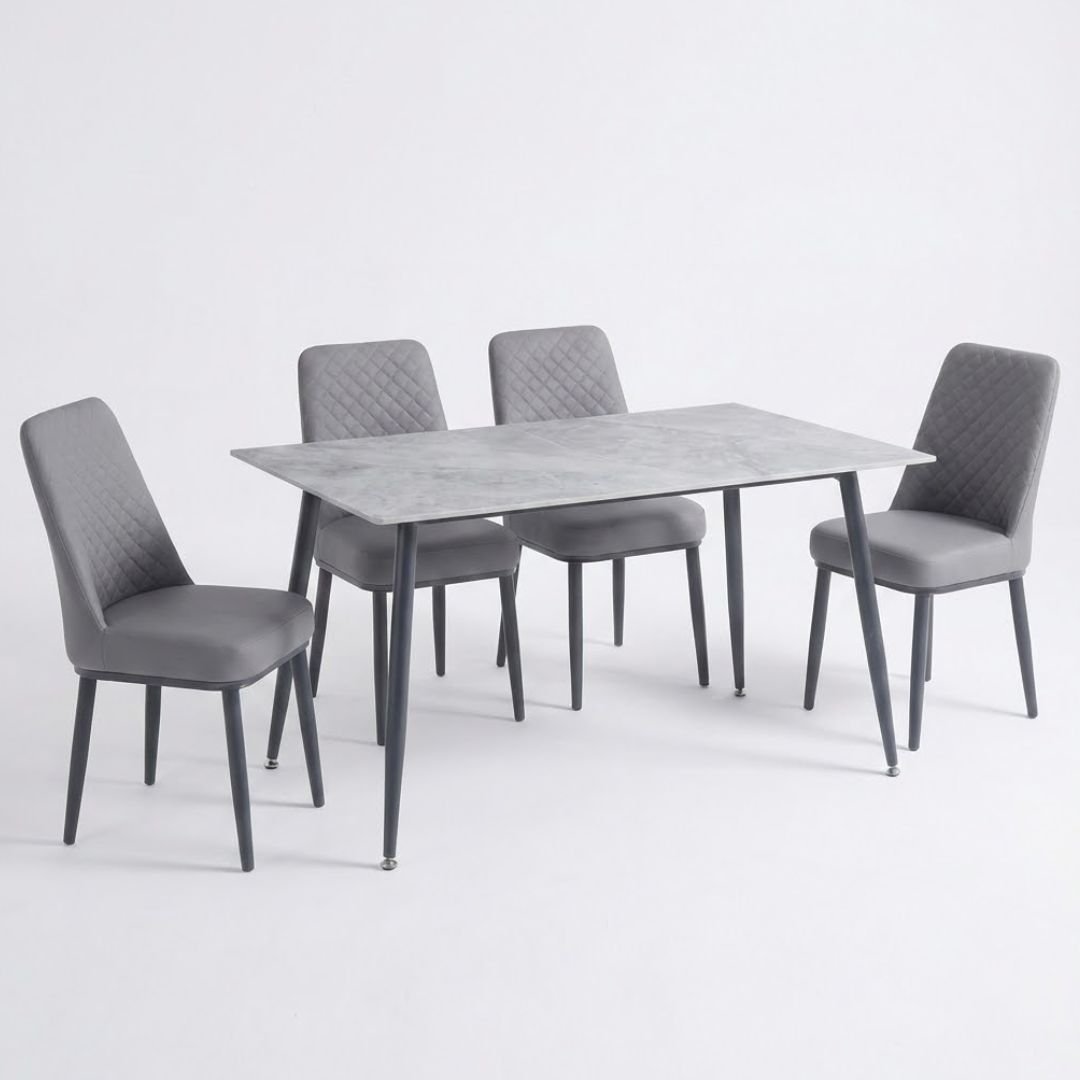 Oxford Grey Ceramic Dining Table and 4 Grey Upholstered Chairs Set