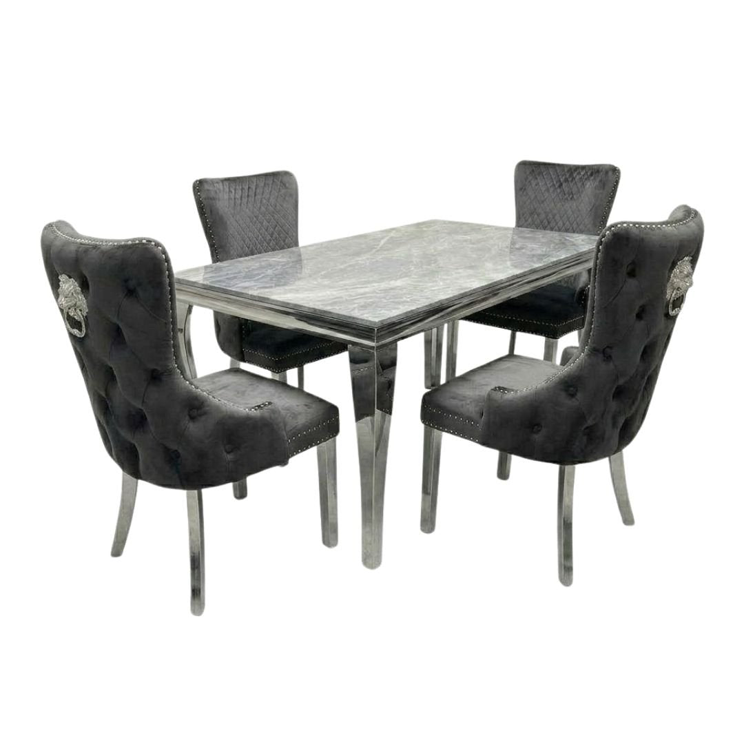 Sofia 1.5m Grey Marble Dining Table & 4 Victoria Grey Silver Chairs