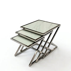 Carra Silver Nest of Tables Set of 3 White Marble Living Room Tables