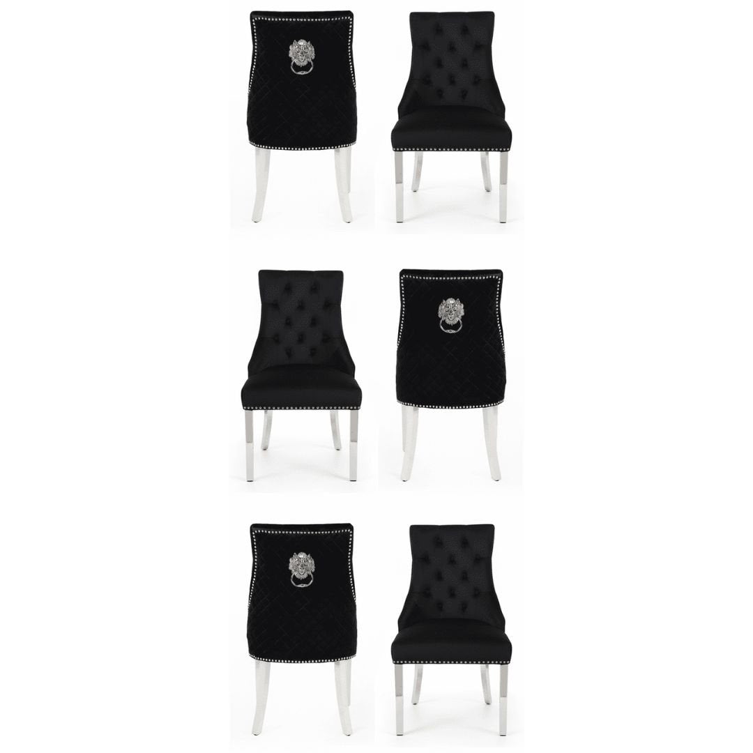 Set of 6 Minister Black Brushed Velvet Lion Knocker Chairs & Pearls