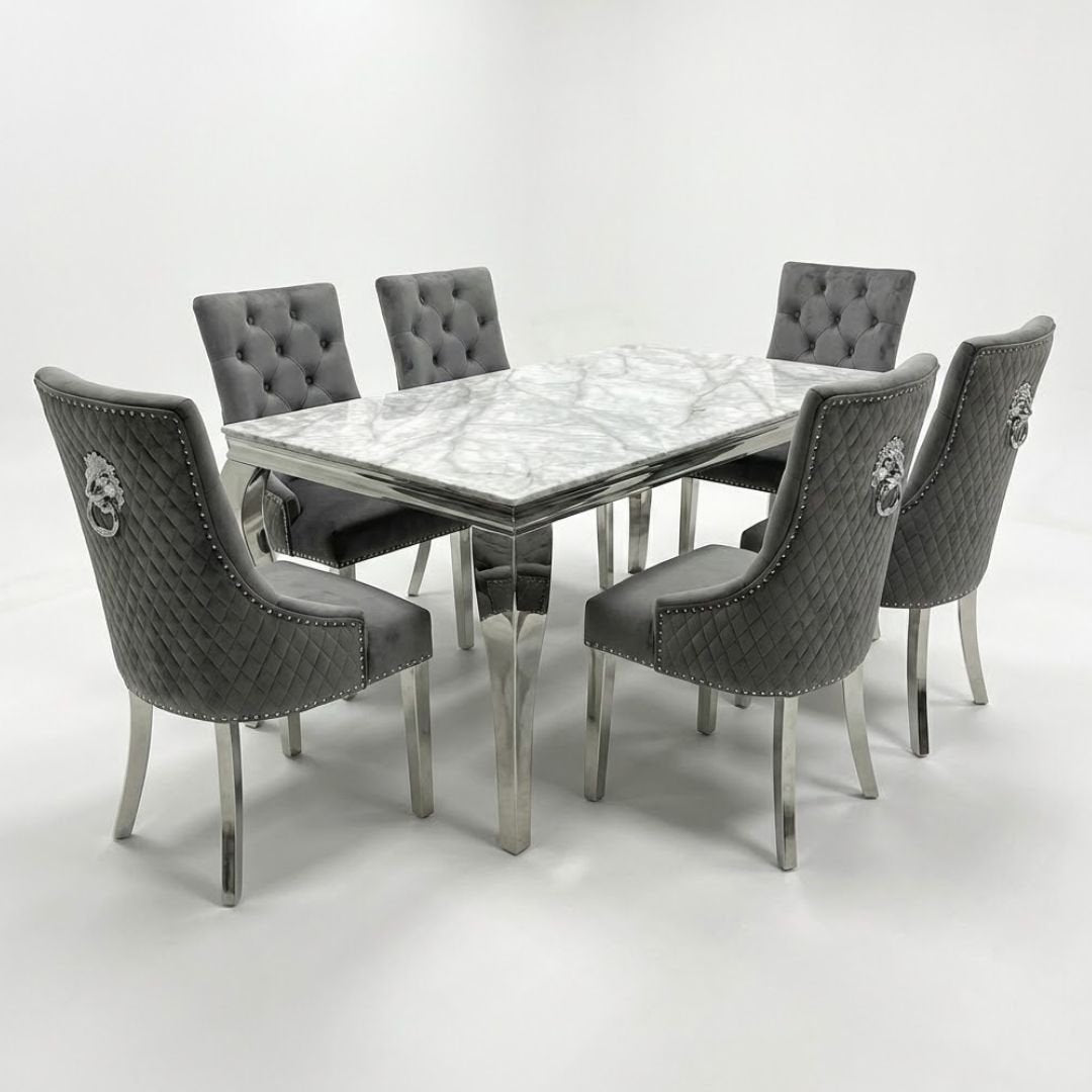 Sofia 1.6m Cream Gold Dining Table & 6 Grey Lion Back Velvet Chairs