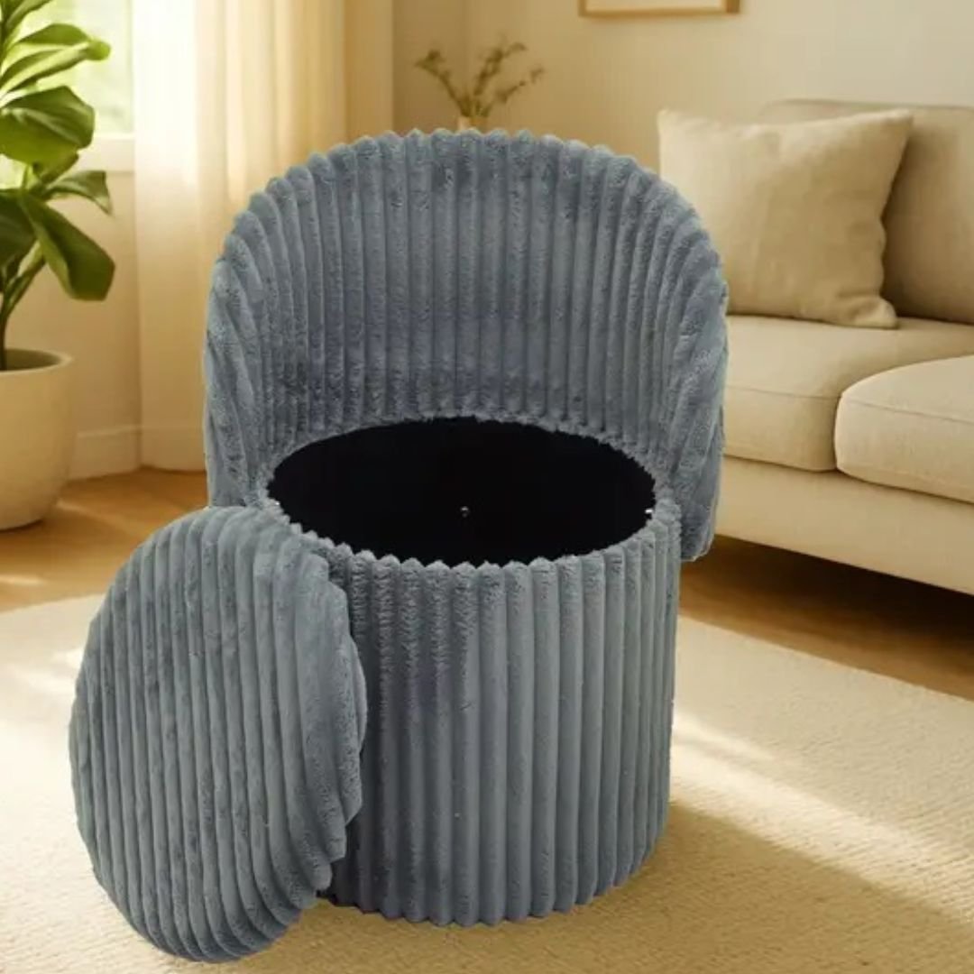 3 In 1 Charcoal Harp Ribbed Ottoman Storage Stool - Modern Velvet Seat