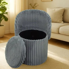 3 In 1 Charcoal Harp Ribbed Ottoman Storage Stool - Modern Velvet Seat