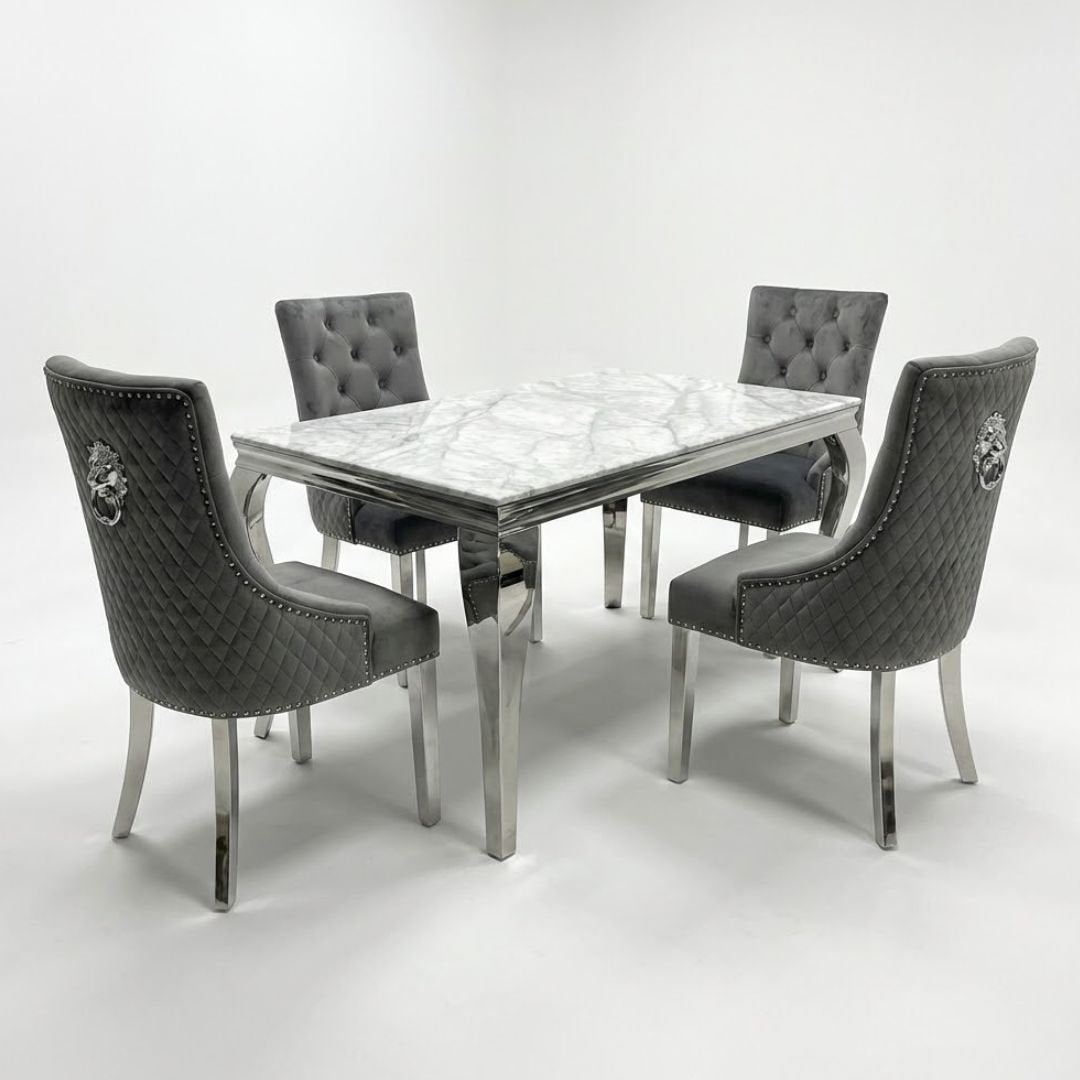 Sofia 1.2m Grey Marble Dining Table & 4 Minister Grey Lion Chairs