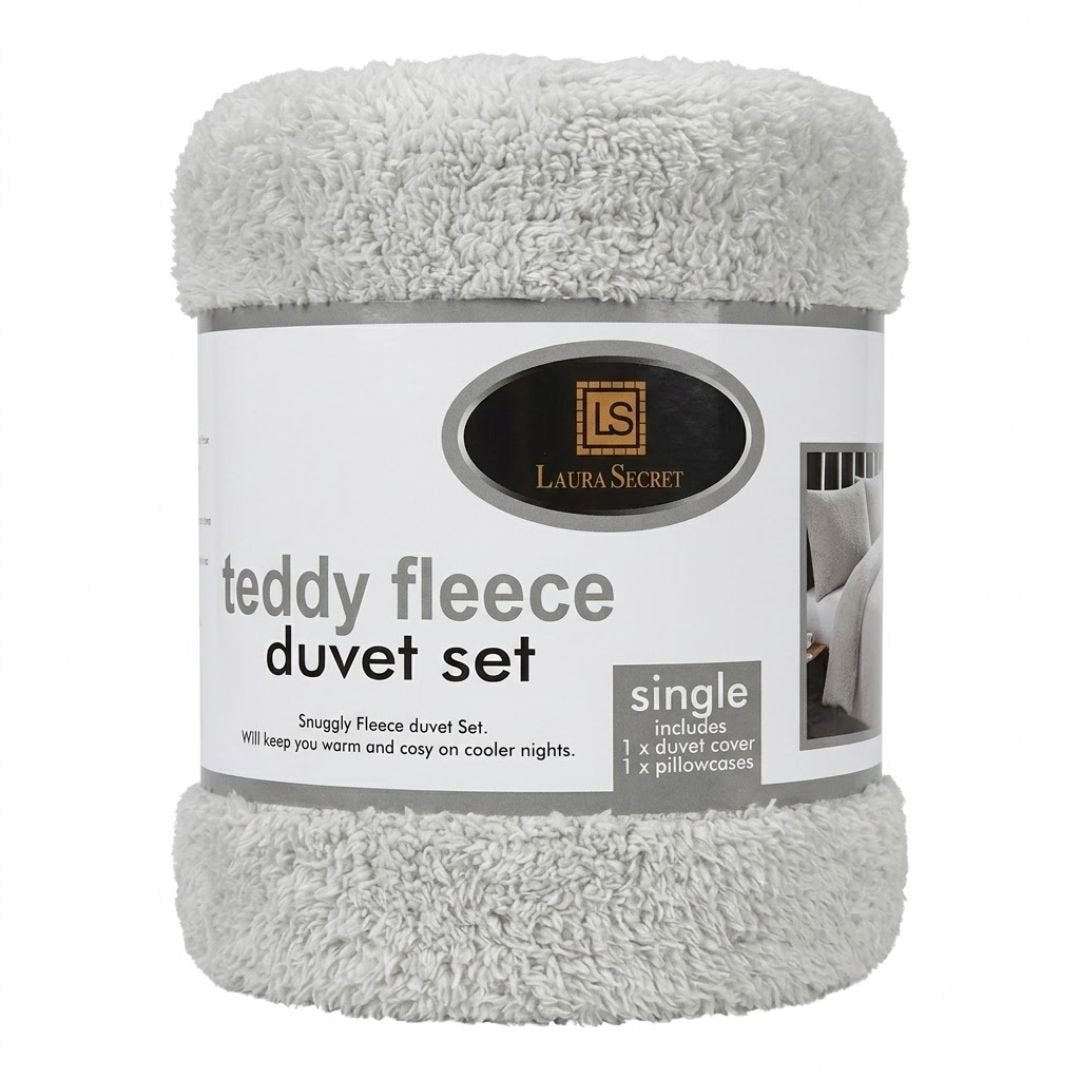 Laura Secret Teddy Fleece Single Duvet Set - Silver Warm Snuggly Bedding