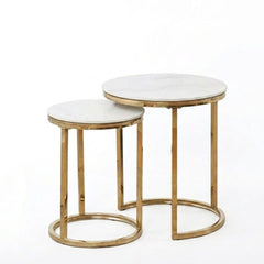 Aiza White Marble Effect Nest of 2 Side Tables - Luxury Gold Frame