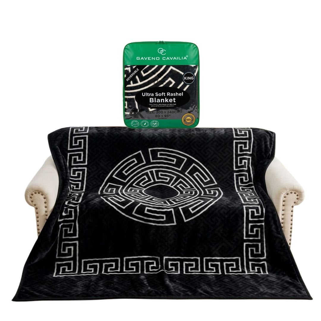 Gaveno Cavailia Black Greek Key Reversible King Rashel Blanket 4kg
