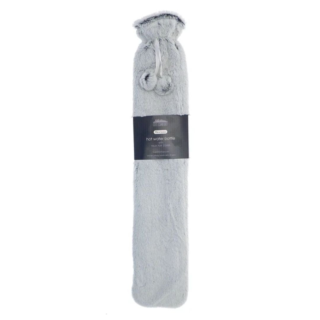 72cm Long Hot Water Bottle with Two-Tone Silver Faux Fur & Pom Poms