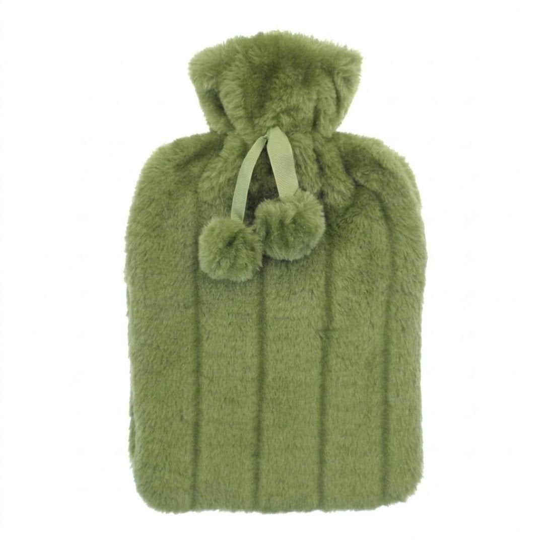 Sage Green 2L Faux Fur Hot Water Bottle - Luxury Plush Pom Pom Gift