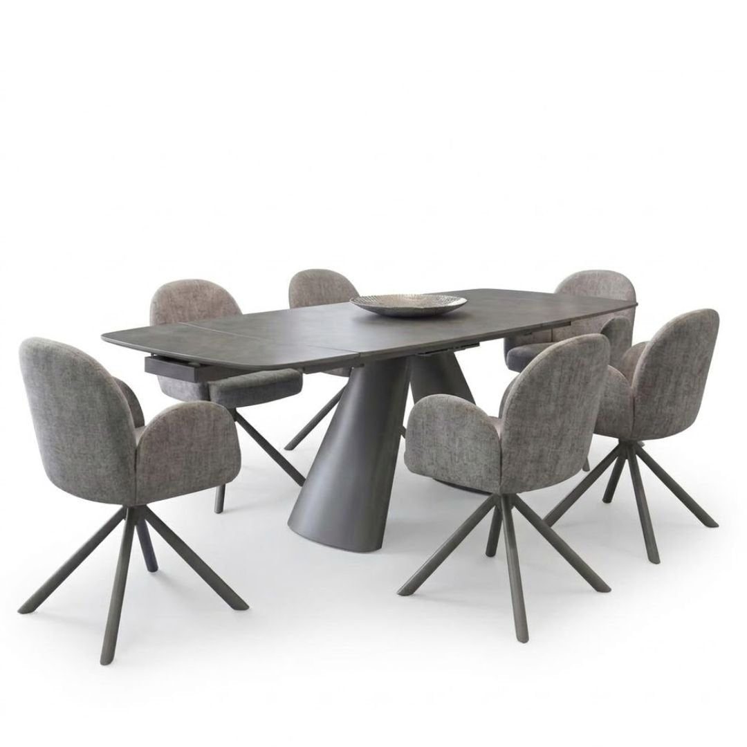 Gstaad Grey Ceramic Extending Dining Set 6 Swivel Chairs 160-240cm
