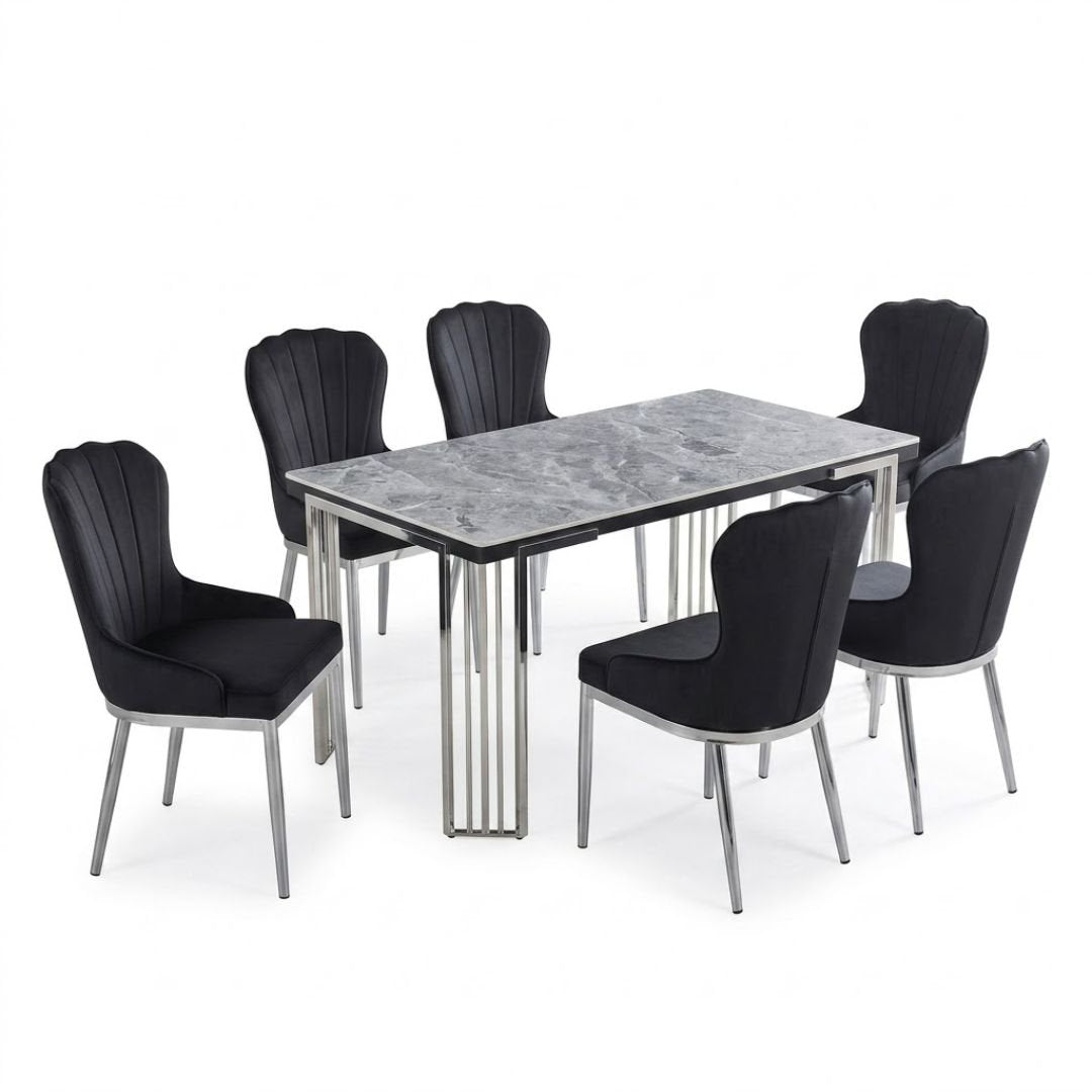 Cindy Grey Sintered Stone Dining Table & 6 Black Mia Chairs Set
