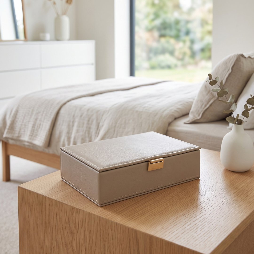 Home Luxe Faux Leather Square Jewellery Box - Beige (22 x 15 x 6 cm)