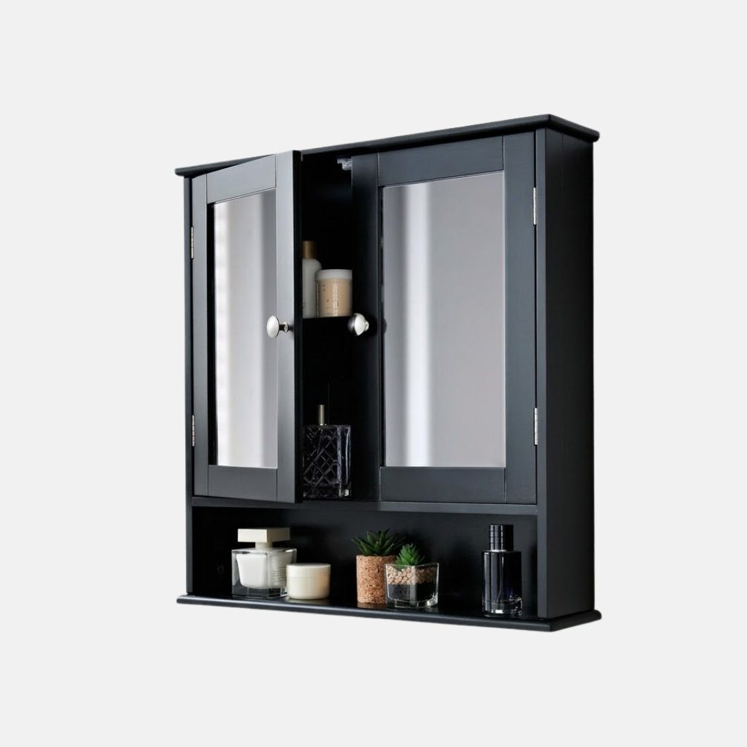 Maine Black 2 Door Bathroom Wall Cabinet with Mirrored Doors & Storage