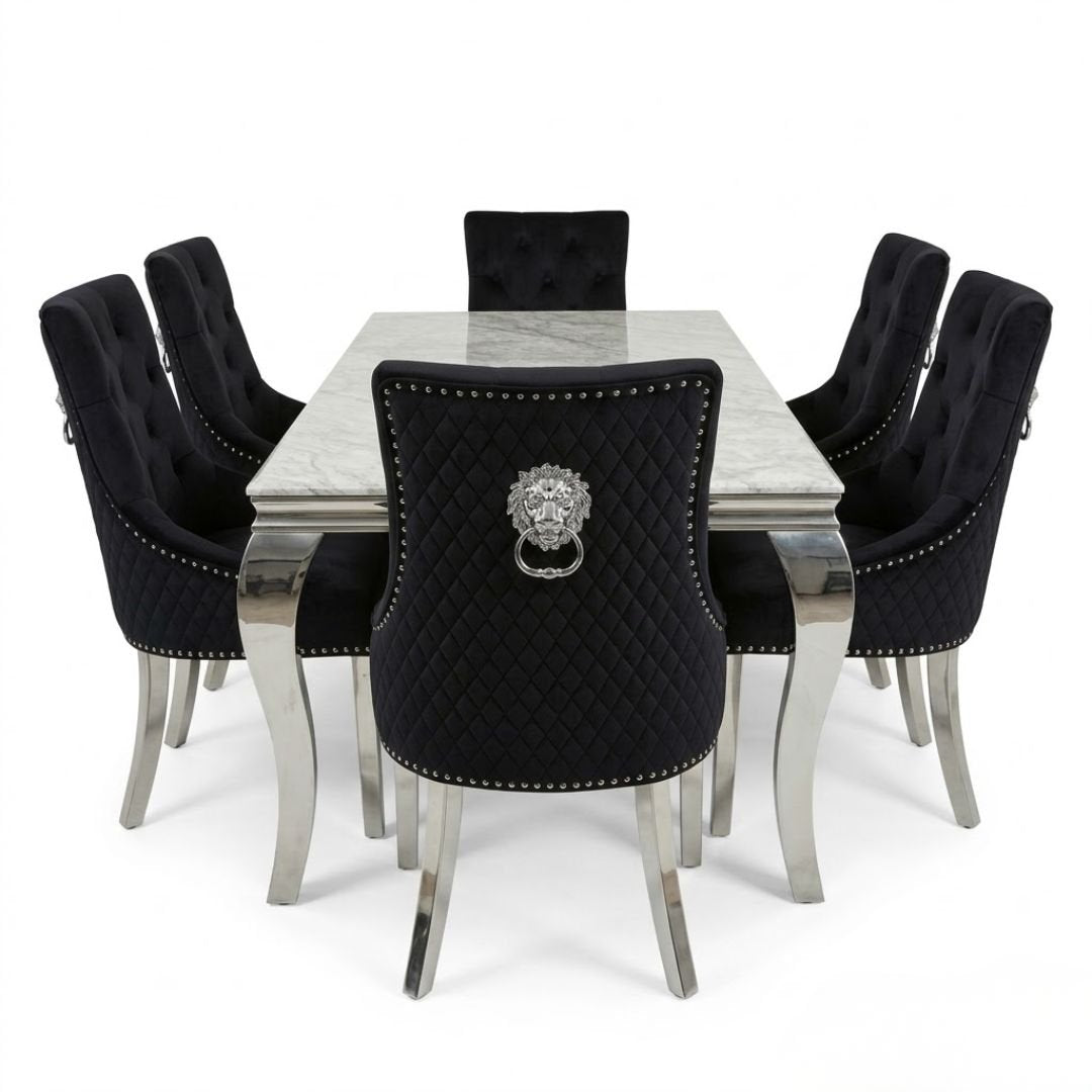 Sofia 1.8m Grey Marble Dining Table & 6 Black Minister Lion Chairs