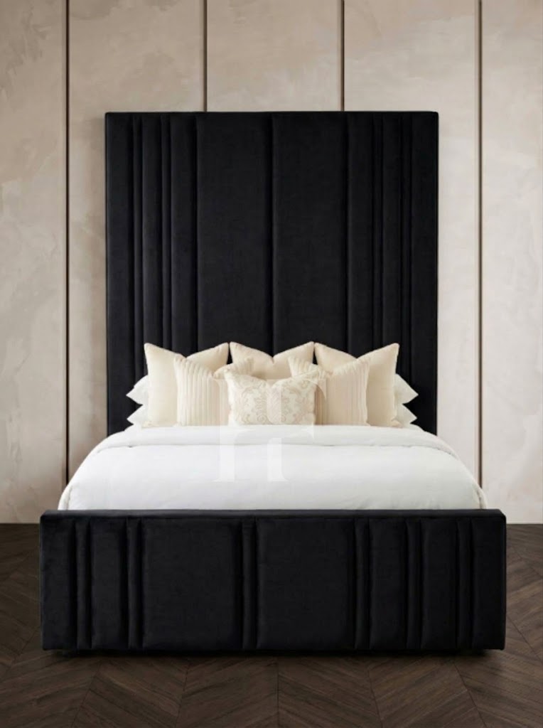 Modern Extra Tall Asymmetric Vertical Channel Upholstered Bed Frame