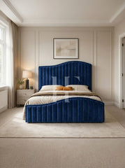 Luxurious Royal Velvet Asymmetric Wave Channel Upholstered Bed Frame