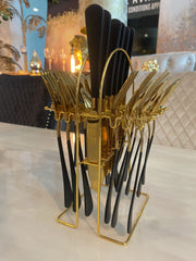 24 Piece Gold & Black Cutlery Set With Stand