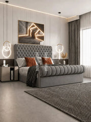 Grand Royal Chesterfield Sleigh Bed Frame with Rolled Fluted Footboard