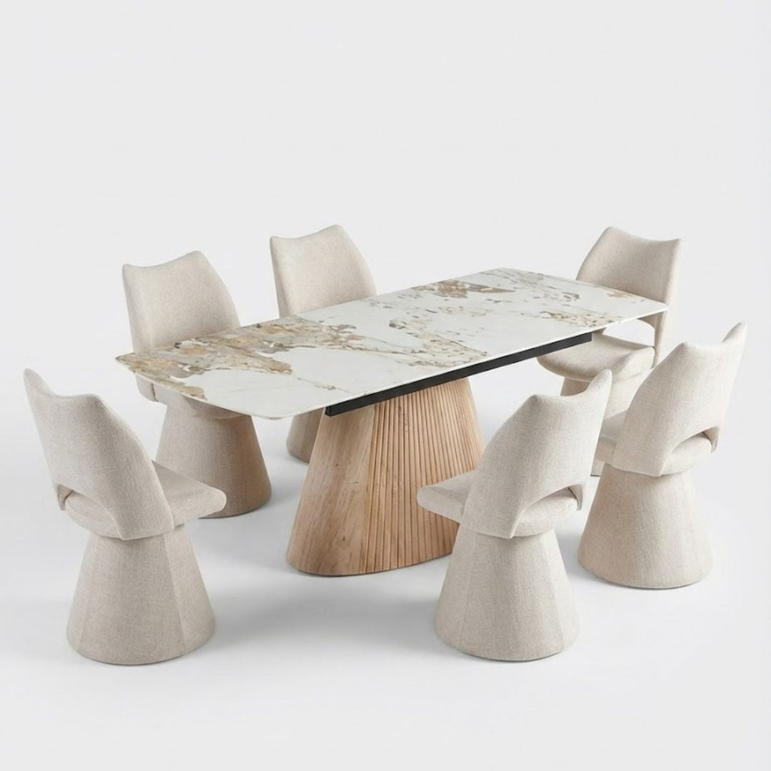 Monaco Beige Stone Extending Dining Set 6 Maryland Swivel Chairs