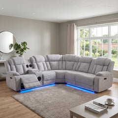 Rico Grey Fabric Electric Recliner Corner Sofa with LED & Bluetooth