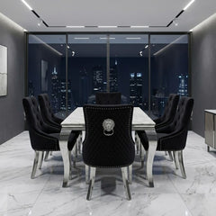 Sofia 1.6m Grey Marble Dining Table & 6 Black Minister Lion Chairs