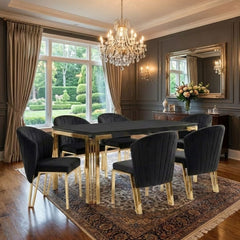 Sorrento 180cm Black Marble Gold Leg Dining Table & 6 Fabio Black Chairs