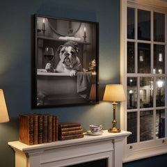 Home Luxe Bulldog In Bath Framed Wall Art Black & White Print 60X45Cm