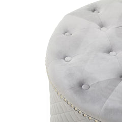 Zamora Round Grey Velvet Ottoman with Button Tufting & Stud Detail