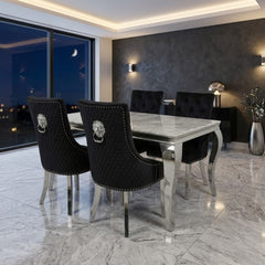 Sofia 1.5m Grey Marble Dining Table & 4 Black Minister Lion Chairs