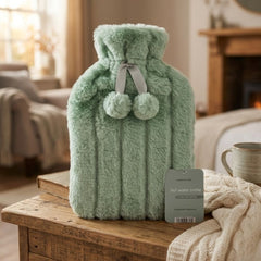 Luxury Green Faux Fur 2L Hot Water Bottle - Soft Plush Warm Gift
