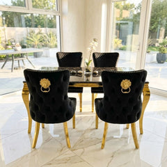Sofia 1.2m Black & Gold Marble Table & 4 Victoria Black Lion Chairs