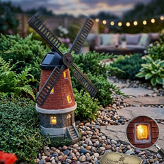 Solar Powered Light & Motion Windmill - Brick Effect Garden Ornament