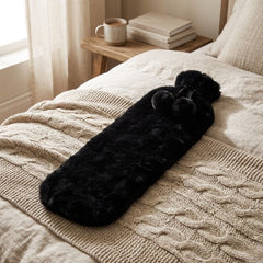 72cm Long Hot Water Bottle with Luxury Black Faux Fur Cover & Pom Poms