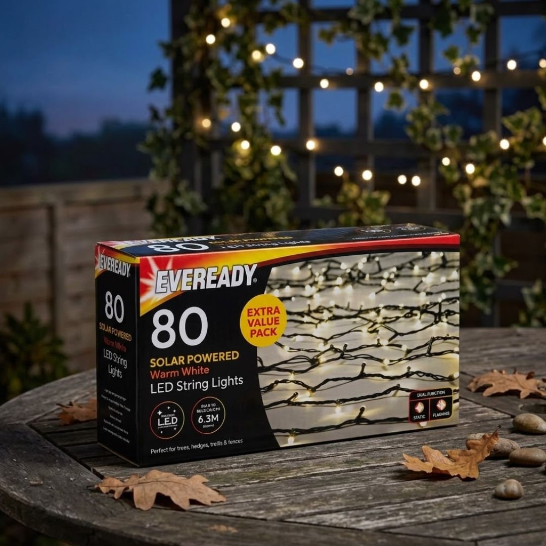 Eveready 80 Warm White LED Solar String Lights - 9.3m Garden Decor