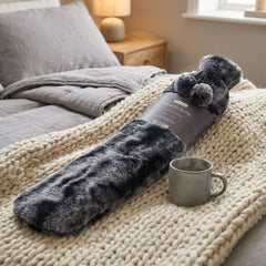 Country Club Charcoal Long Hot Water Bottle - Two Tone Faux Fur Cover