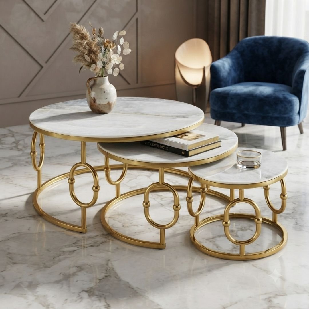 Ayla Gold Nest of 3 Marble Coffee Tables with Steel Frame Set