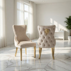 Set of 2 Victoria Mink Velvet & Gold Dining Chairs with Lion Ring Knocker – Home Luxe Interior