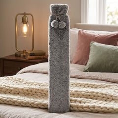 72cm Long Hot Water Bottle with Luxury Grey Faux Fur Cover & Pom Poms