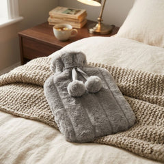 Light Grey 2L Faux Fur Hot Water Bottle - Luxury Plush Pom Pom Gift