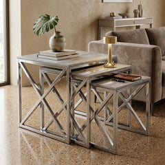 Aida Grey Ceramic Silver Base Nest of 3 Square Side Tables Set