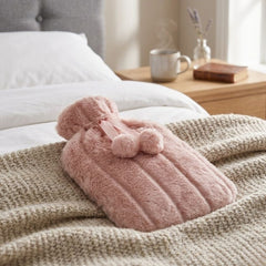 Pink 2L Faux Fur Hot Water Bottle - Luxury Plush Pom Pom Winter Gift