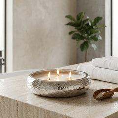 Silver Christmas 3 Wick Hammered Aluminium Vanilla Candle Dish Bowl