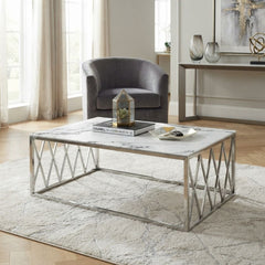 Alba Silver Coffee Table with White Marble Top & Steel Frame 120cm