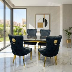 Sofia 1.5m Black & Gold Marble Table & 4 Victoria Black Lion Chairs
