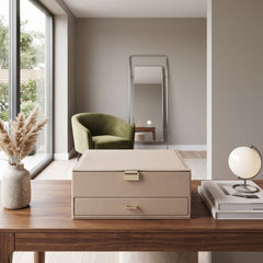 Home Luxe Faux Leather Jewellery Box with Drawer - Beige (25x19x11cm)