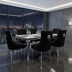 Sofia 1.8m Grey Marble Dining Table & 6 Black Minister Lion Chairs