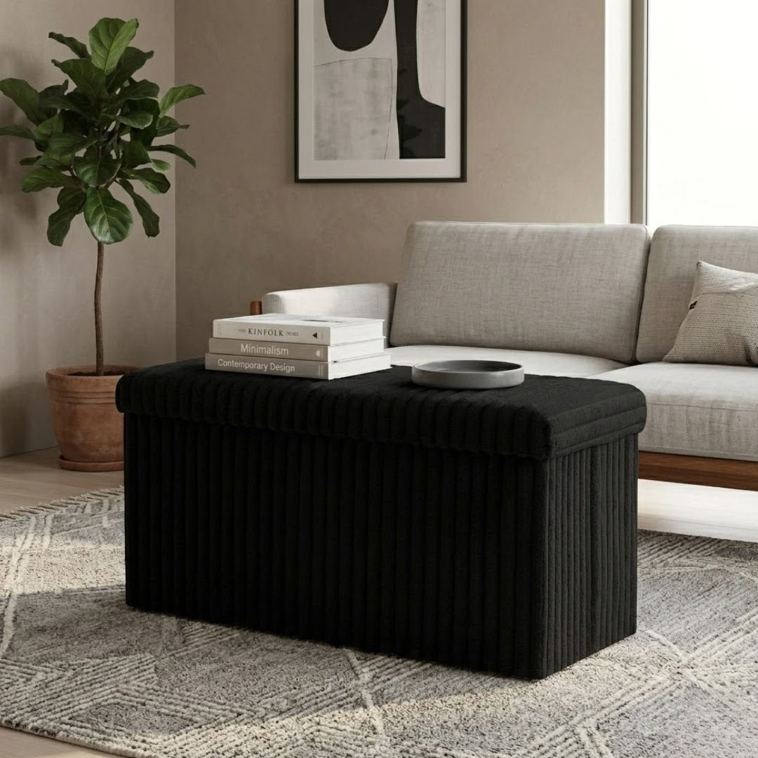 Gaveno Cavailia Black Ribbed Storage Bench - Foldable 110L Ottoman Box